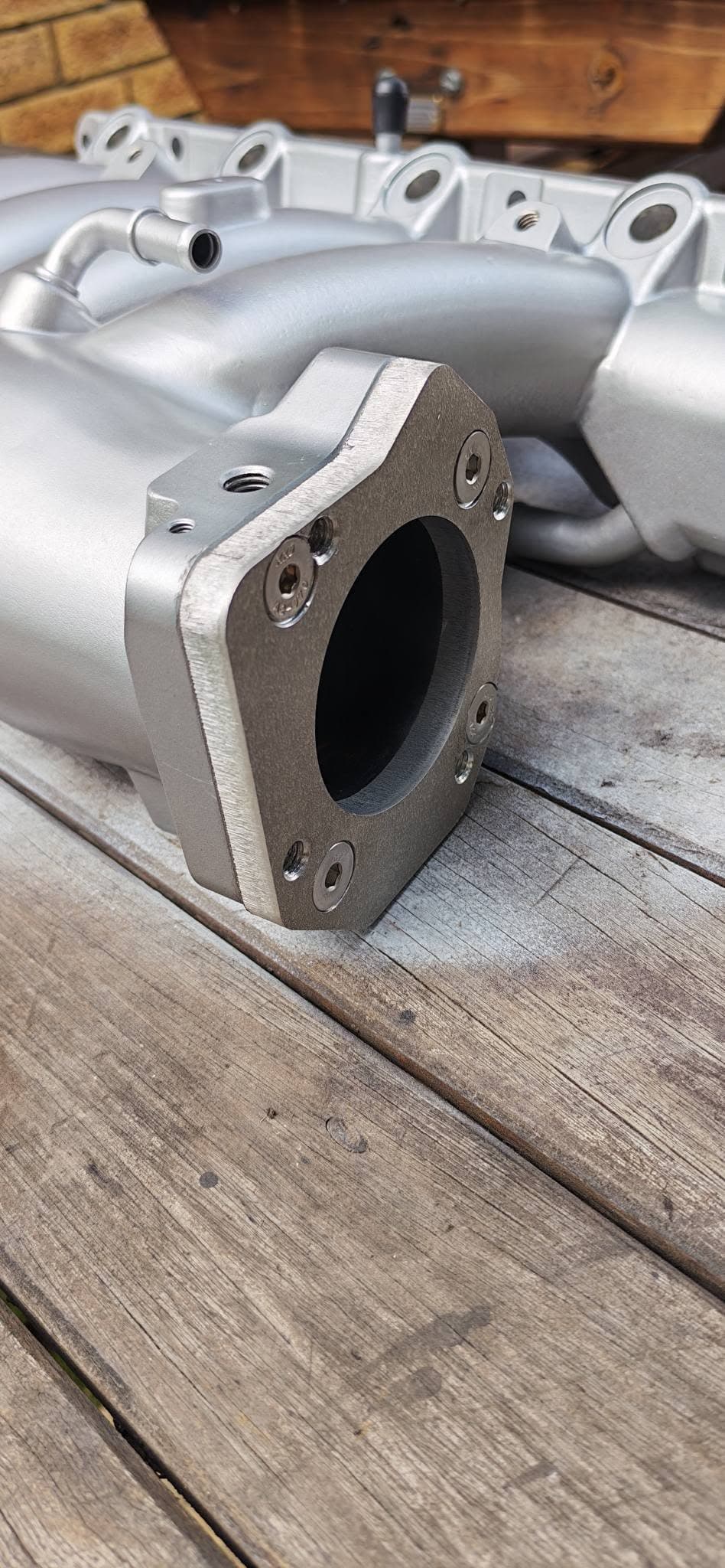 Side view of the completed adaptor fitted to the Skunk2 intake